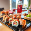 Japanese cuisine: set of rolls and soy sauce on restaurant table