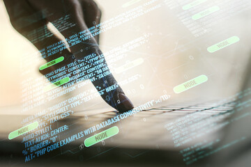 Aufkleber - Abstract creative coding concept with hands typing on laptop on background. Multiexposure