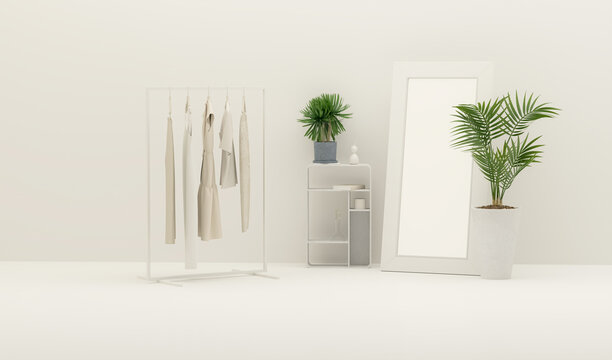 Creative interior design in white studio. Living room interior mockup in soft minimalist with plant pot, vase decoration, white mirror