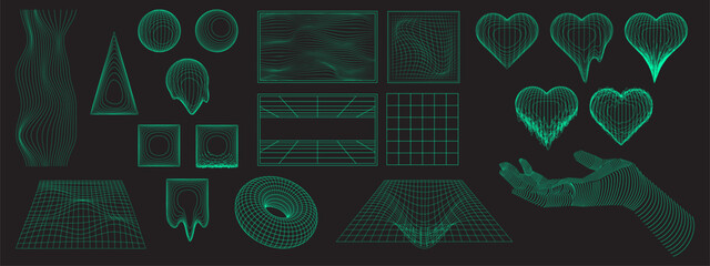 Fototapete - Y2k grid abstract shape and design elements. Wireframe vector illustration set of geometric forms and symbols for retro futuristic 2000s and brutalism style design. Simple wire cyberpunk figures.