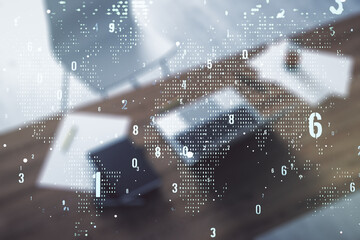 Aufkleber - Multi exposure of abstract graphic coding sketch with world map and modern desktop with pc on background, big data and networking concept