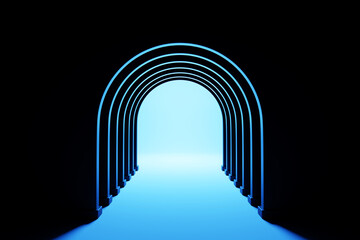 Poster - 3D rendering. Beautiful geometric arch, gate, portal. Abstract geometric arch. Round hole, entrance to the wall with a black   screen.