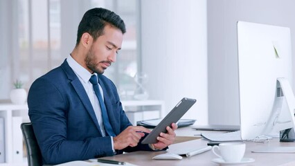 Leinwandbilder - Digital tablet, serious businessman sending an email, searching the internet and browsing online. Entrepreneur using modern technology while writing a business proposal for a startup company