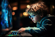 Children's Gaming Addiction. Little Boy With Glasses Playing A Game On The Computer At Night Indoors
