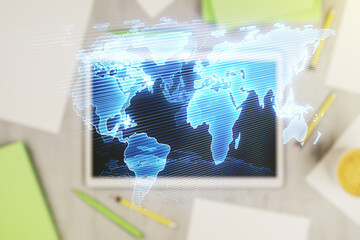 Poster - Multi exposure of abstract graphic world map and modern digital tablet on desktop on background, top view, big data and networking concept