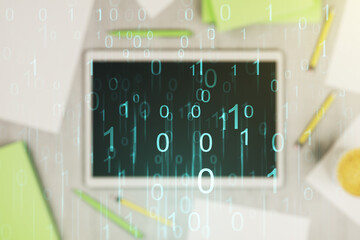 Aufkleber - Creative abstract binary code hologram and modern digital tablet on desktop on background, top view, AI and machine learning concept. Multiexposure