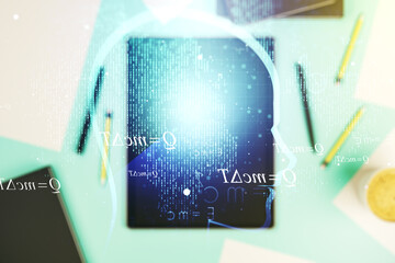 Aufkleber - Creative artificial Intelligence concept with human head sketch and modern digital tablet on desktop on background, top view. Double exposure