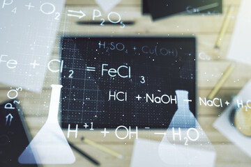Poster - Double exposure of creative chemistry concept and digital tablet on background, top view, research and development concept