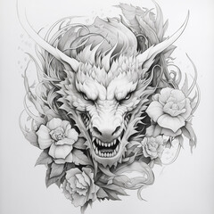 Wall Mural - Black and white dragon surrounded by tattoo flowers on a white background