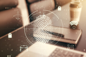 Aufkleber - Multi exposure of abstract fingerprint scan interface on computer background, digital access concept