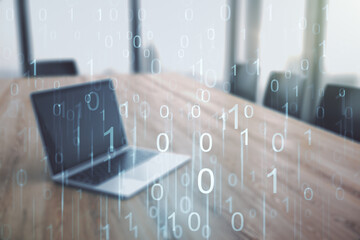 Aufkleber - Creative concept of binary code illustration on modern laptop background. Big data and coding concept. Multiexposure