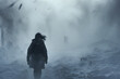 violent snowstorm, man walking away from the camera turning his head looking back