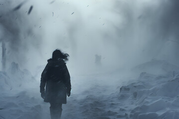 Wall Mural - violent snowstorm, man walking away from the camera turning his head looking back