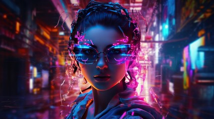 Wall Mural - Cyberpunk modern woman style on neon background AI generated image