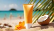 © Marko - Design cosmetic product template mockup for sunblock cosmetics. Sunscreen cream on a summer beach