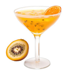 Wall Mural - Porn Star Martini in a Martini Glass a Bright Orange With a Passion Fruit Half Garnish.. Isolated on a Transparent Background. Cutout PNG.