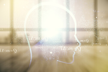 Aufkleber - Abstract virtual artificial Intelligence concept with human head sketch on modern interior background. Double exposure