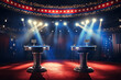 © Vovmar - Wooden stands with debate microphones in a brightly lit studio. Political debates before the elections. Generative AI