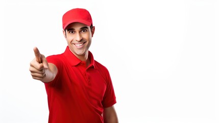 Canvas Print - Deliveryman pointing fingers left,Delivery with a man in a red shirt on a white background