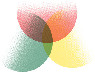 Vector halftone intersection effect three circles red yellow and green isolated on white background