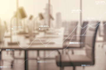 Poster - Abstract virtual stats data hologram on a modern furnished office background. Multiexposure