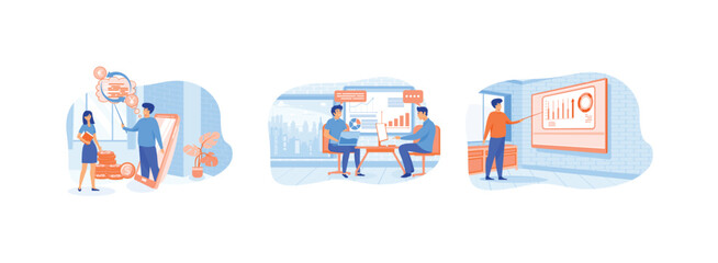 Poster - Online Financial Consultation. Businessman helping colleague at business meeting. Training. Financial Consultation set flat vector modern illustration 
