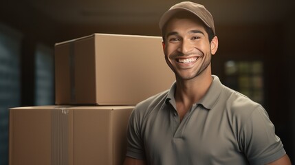 Canvas Print - Deliveryman looking happy background shipping order box