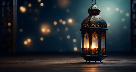 Wall Mural - Ornamental Arabic lantern with burning candle glowing at night. Festive greeting card, invitation for Muslim holy month Ramadan Kareem.