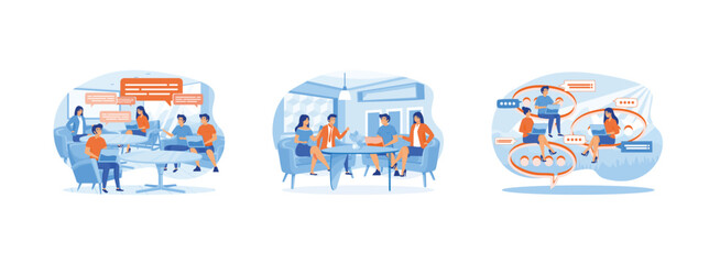 Poster - Group of People Discussing business. Meeting of colleagues.  Discussing business, news. Discussing business set flat vector modern illustration 