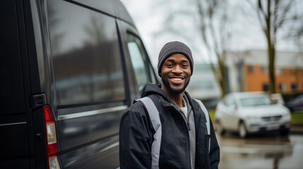 Canvas Print - Portrait Smiling delivery man happy standing in front van,