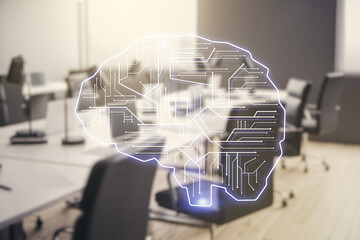 Aufkleber - Double exposure of creative human brain microcircuit hologram on a modern furnished office interior background. Future technology and AI concept