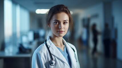 Wall Mural - Portrait of a young female doctor with stethoscope at hospital corridor