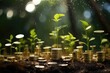 growth goal timeline with money trees and sprouting seedlings, in the style of bokeh. style two