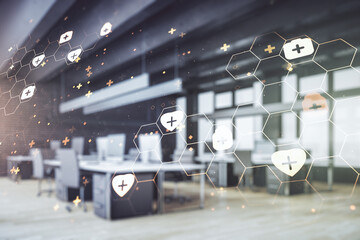 Aufkleber - Abstract virtual medical illustration on a modern furnished office background. Medicine and healthcare concept. Multiexposure