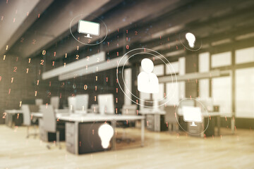 Aufkleber - Double exposure of social network icons hologram on a modern furnished office interior background. Networking concept