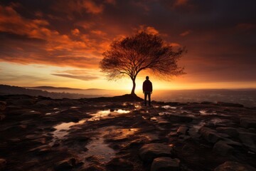 Wall Mural - Lonesome figure on a hill, admiring the vivid hues of a spring sunset, Generative AI