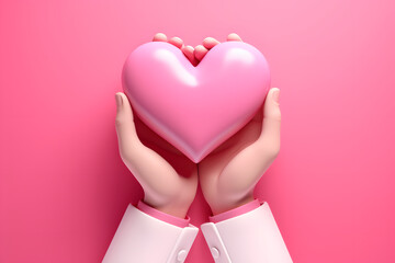 Wall Mural - Pink heart in hand 3d cartoon style on background. Valentine's Day.