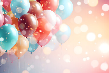 birthday party balloons, colourful balloons background and birthday cake with candles	