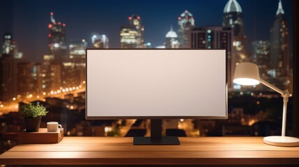 Poster - computer monitor mockup on a wooden desk 