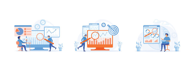 Poster - statistical and Data analysis for finance investment, of worker checking data analyst, data driven business, comprehensive strategy, new economic model. Data analyst set flat vector modern illustratio