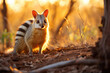 A Numbat, also known as the banded anteater, forages in the Australian bush at sunset