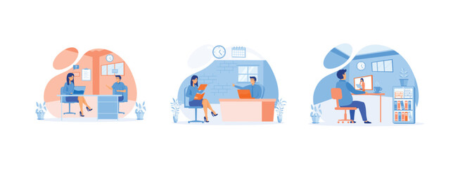 Poster - a man talking to a young woman with laptop, woman having a job interview, a man talking to a young w