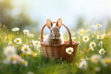 Wall Mural - Easter Bunny Rabbit inside basket on chamomile field. Bright sunny spring day. Easter holiday concept.