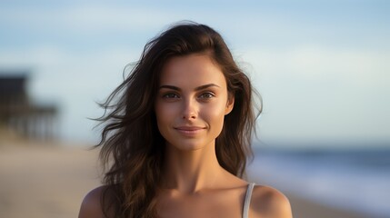 Wall Mural - Portrait in the beach of a pleased 30 years old woman.