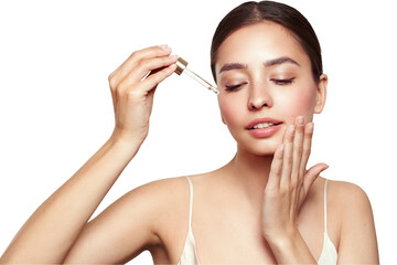 Wall Mural - young beautiful woman applying face serum with pipette. cosmetic procedures for facial skin care