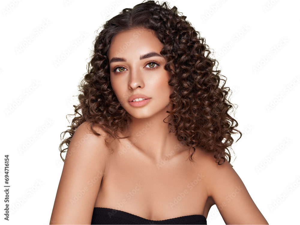 Fashion studio portrait of beautiful smiling woman with afro curls ...