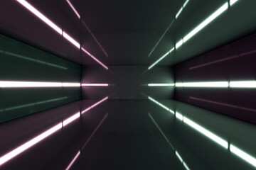Poster - Contemporary dark futuristic room with lights. Tunnel concept. 3D Rendering.