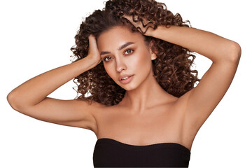 Wall Mural - fashion studio portrait of beautiful smiling woman with afro curls hairstyle. fashion and beauty