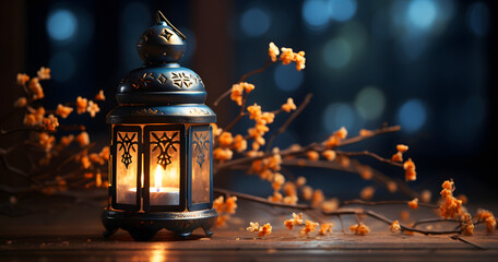 Wall Mural - Ornamental Arabic lantern with burning candle glowing at night. Festive greeting card, invitation for Muslim holy month Ramadan Kareem.