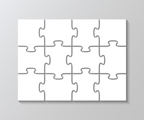 Wall Mural - Puzzle with 12 pieces in album orientation. Jigsaw 3x4 grid elements. Modern puzzle background. Thinking game with separate shapes. Simple mosaic layout. Laser cut frame. Vector illustration.